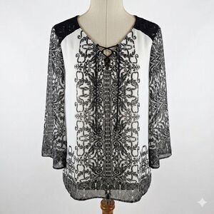 Roz & Ali Black White Women's Large Sheer Tunic Top Lace Laced Up Tie Bohemian